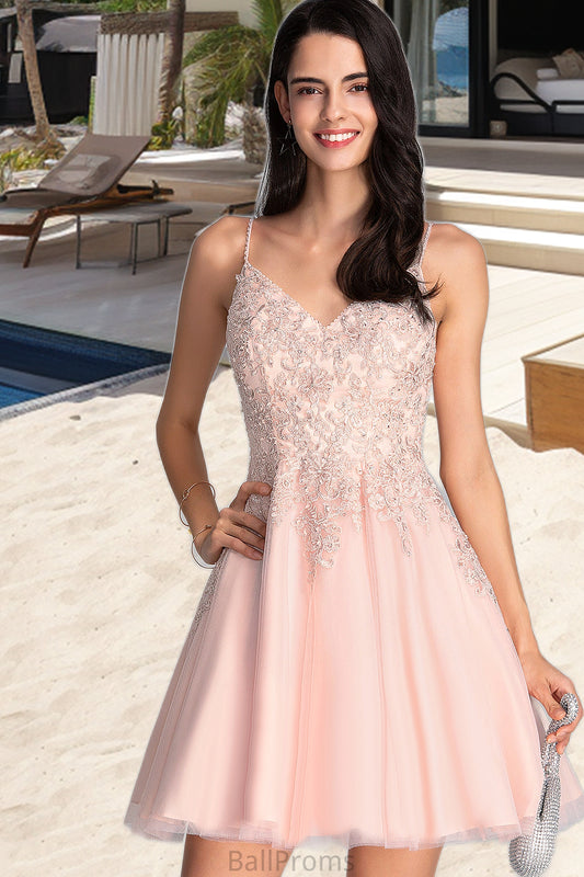 Melina A-line V-Neck Short/Mini Tulle Homecoming Dress With Beading HJP0020538