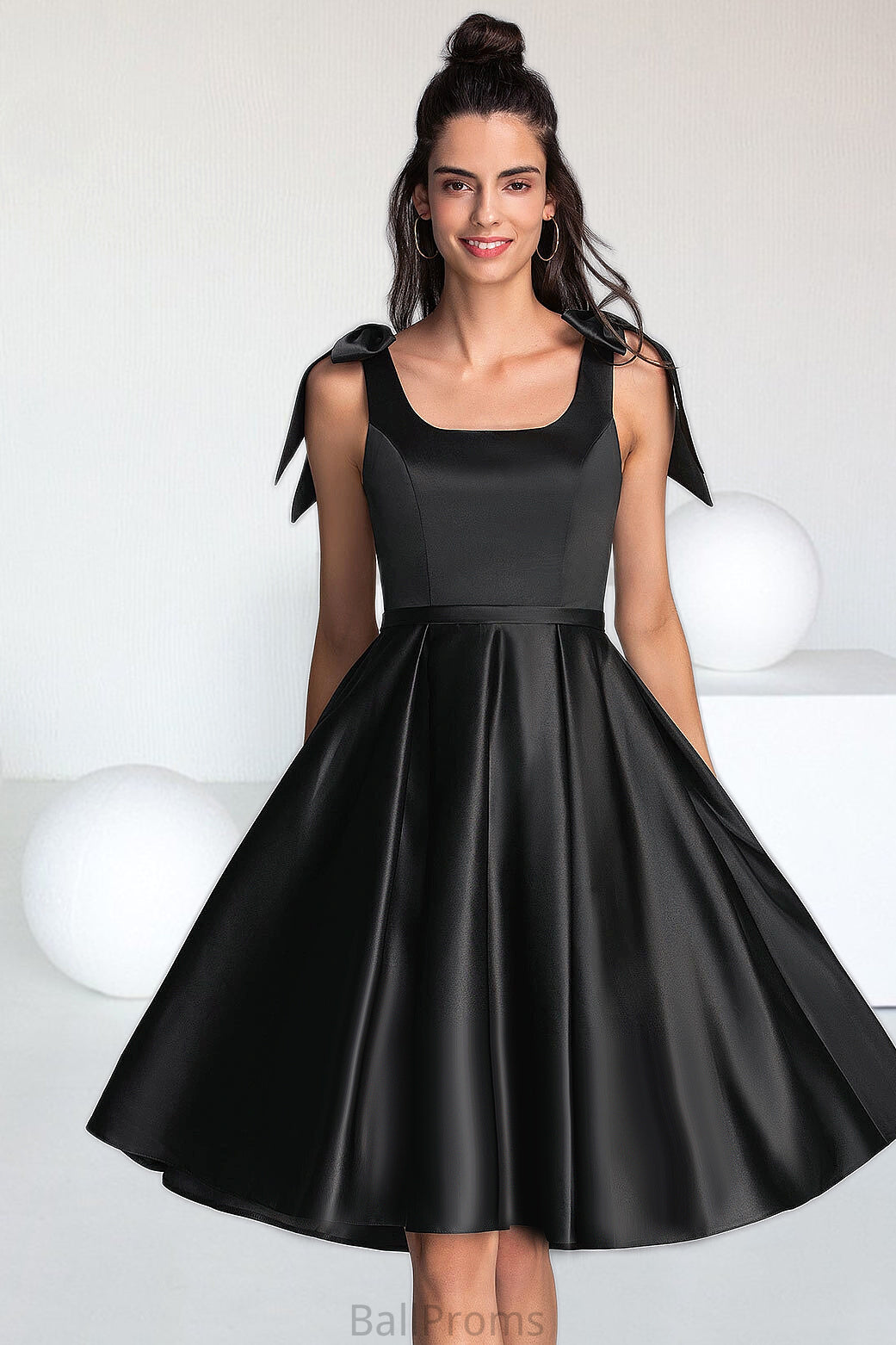 Helen A-line Square Knee-Length Satin Homecoming Dress With Bow HJP0020556