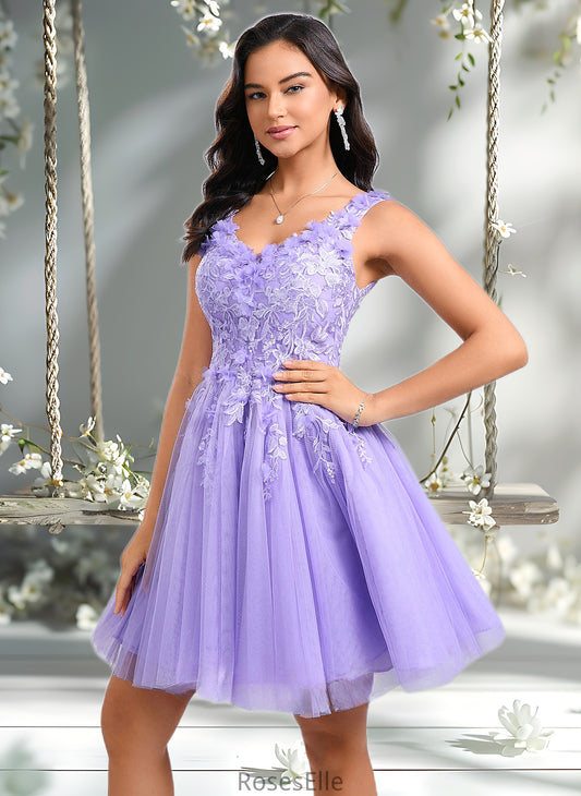 Payton Ball-Gown/Princess V-Neck Short Lace Tulle Homecoming Dress With Flower HJP0025656