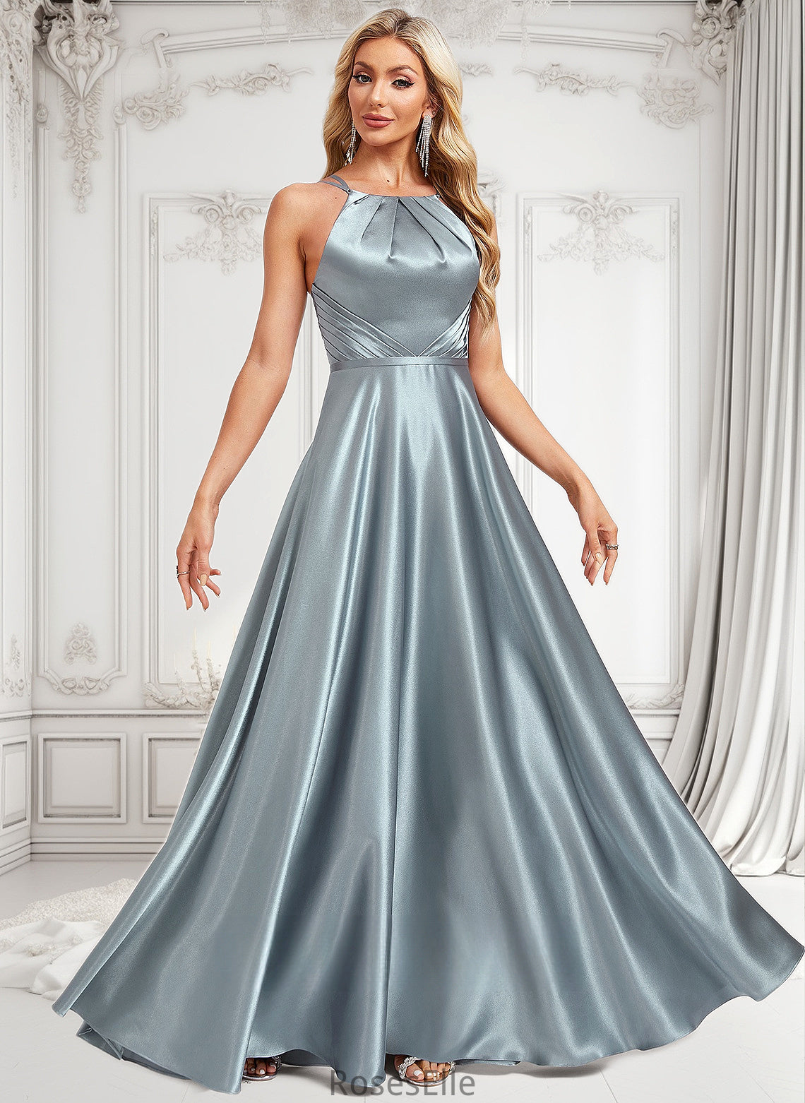 Sophia A-line Halter Floor-Length Stretch Satin Bridesmaid Dress HJP0025783