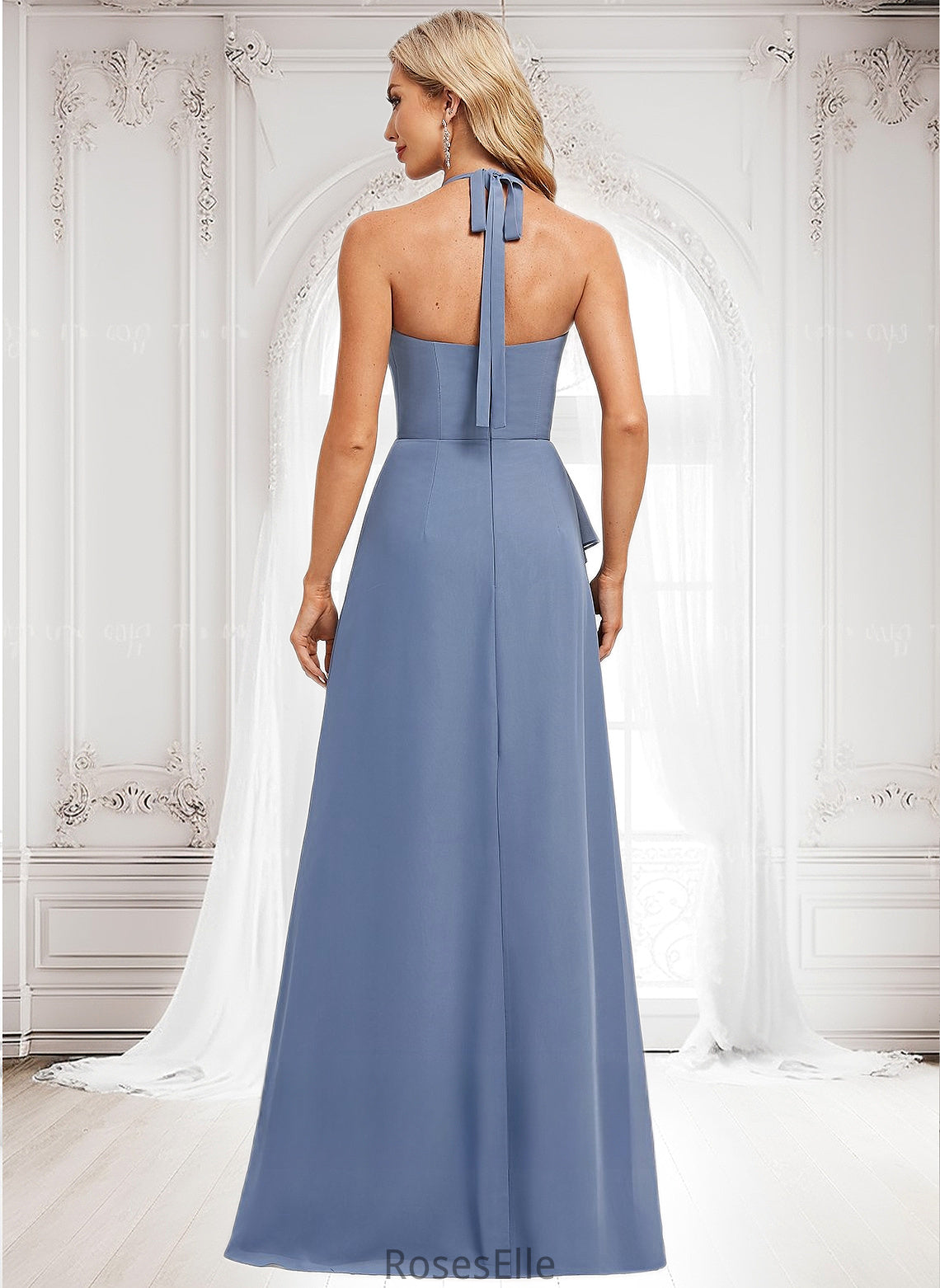 Jenny A-line Halter Floor-Length Chiffon Bridesmaid Dress HJP0025799