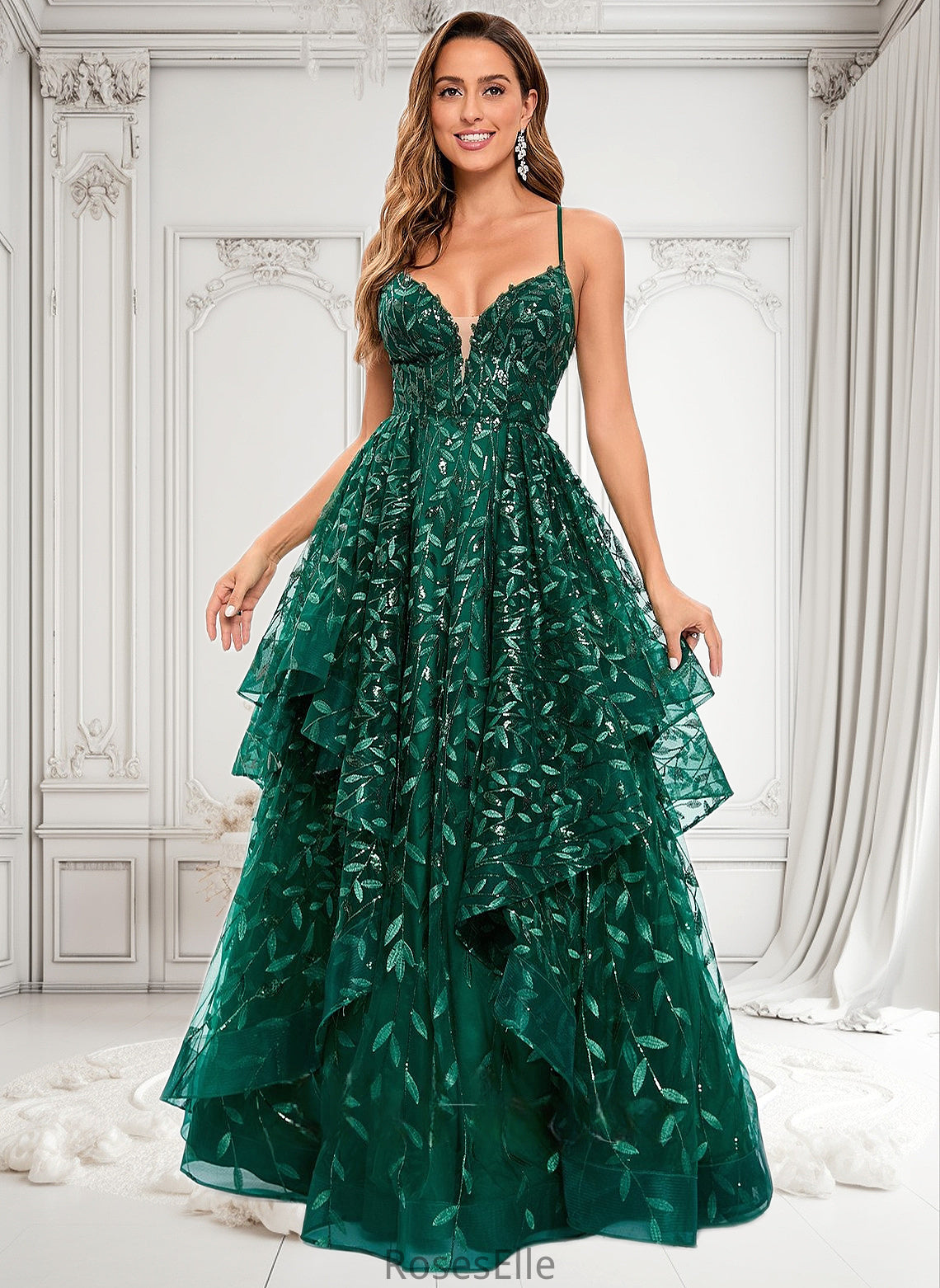 Mary Ball-Gown/Princess V-Neck Floor-Length Lace Floral Prom Dresses With Sequins HJP0025838