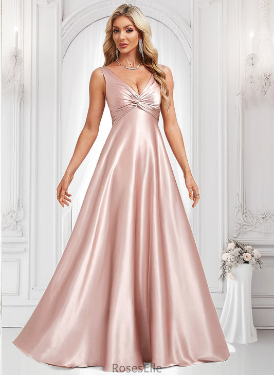 Nicola A-line V-Neck Floor-Length Stretch Satin Bridesmaid Dress HJP0025779