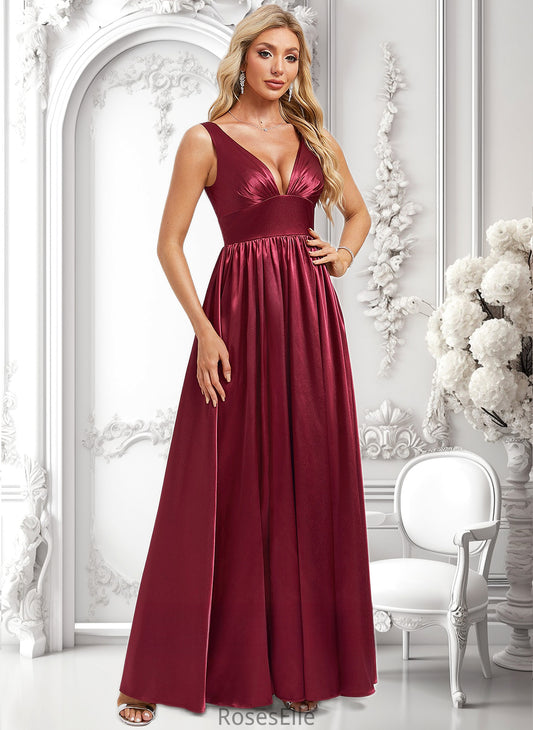 Nellie A-line V-Neck Floor-Length Stretch Satin Bridesmaid Dress HJP0025771