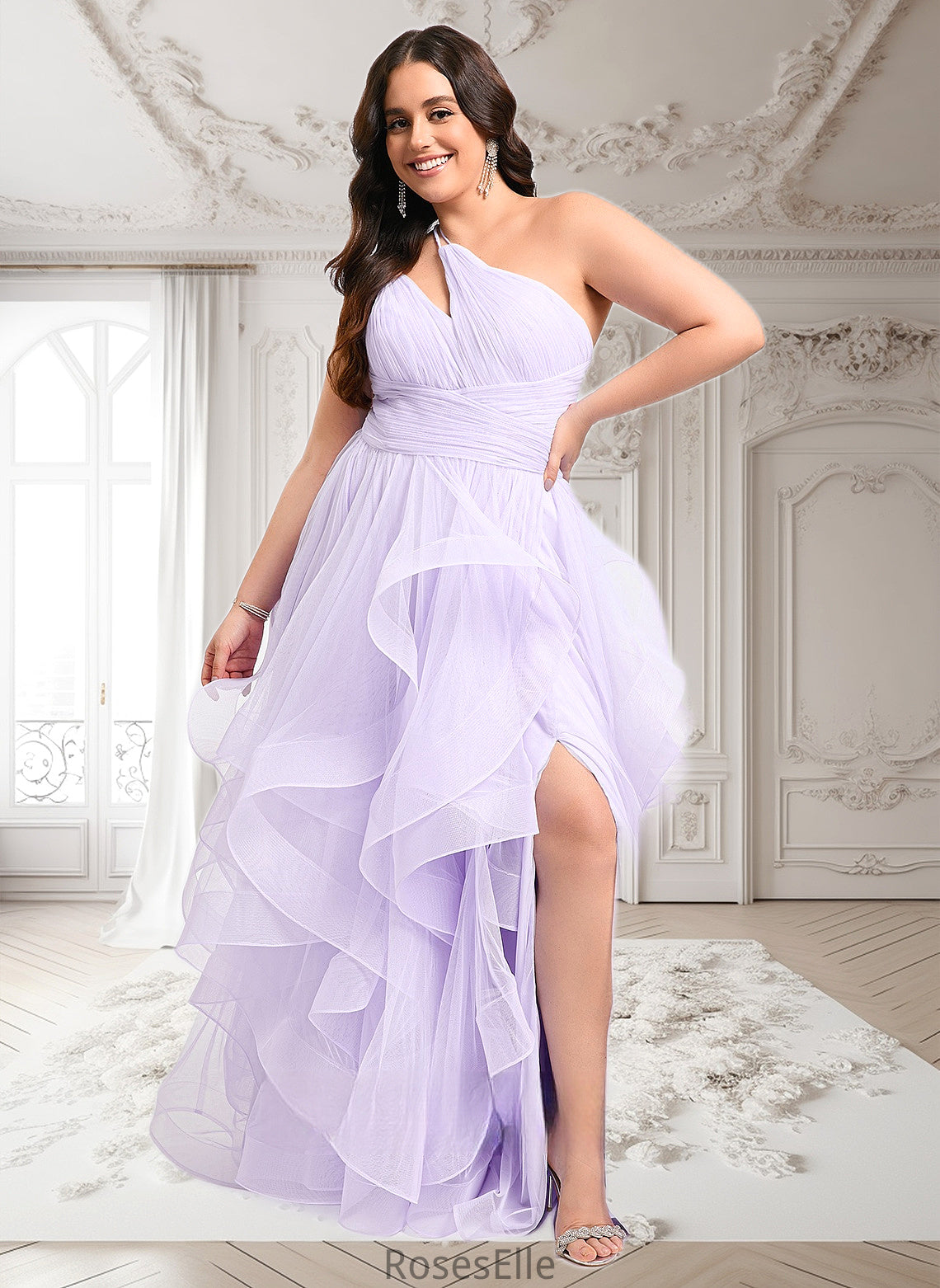 Nayeli Ball-Gown/Princess Asymmetrical One Shoulder Floor-Length Tulle Prom Dresses HJP0025867