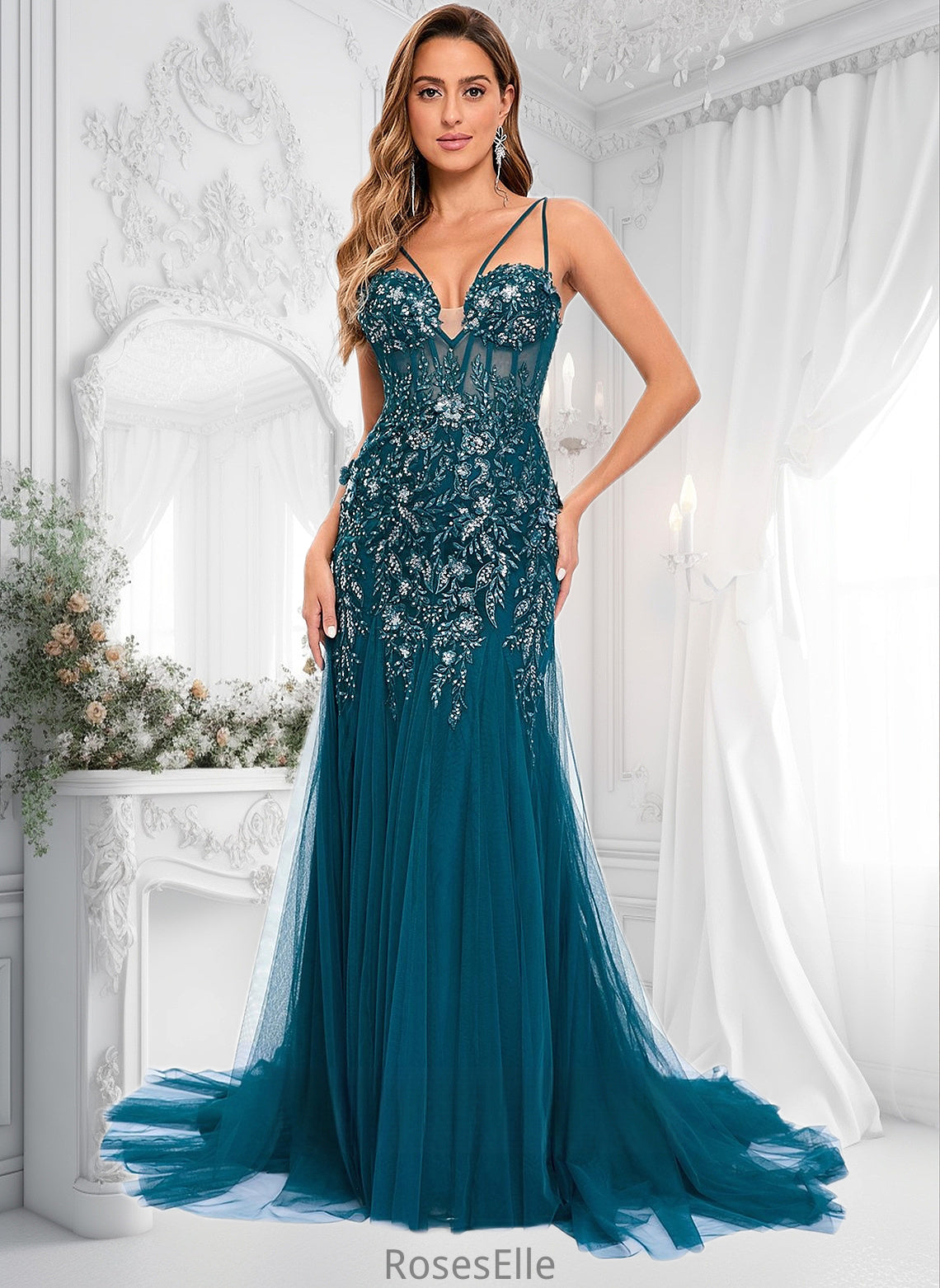 Riya Trumpet/Mermaid V-Neck Sweep Train Tulle Prom Dresses With Sequins Appliques Lace HJP0025853