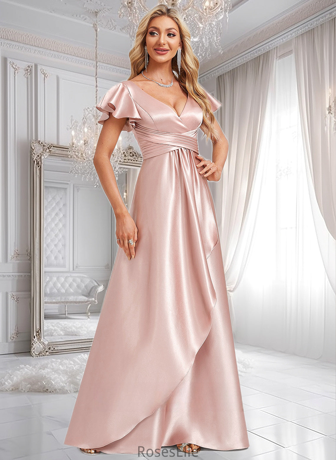 Jaden A-line V-Neck Floor-Length Stretch Satin Bridesmaid Dress With Ruffle HJP0025787