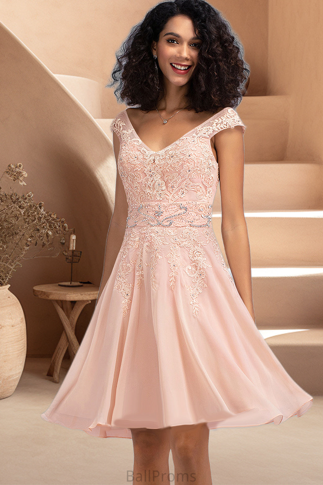 Kristen A-line V-Neck Knee-Length Chiffon Lace Homecoming Dress With Beading HJP0020565