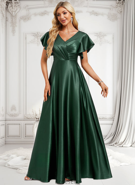 Mollie A-line V-Neck Floor-Length Stretch Satin Bridesmaid Dress With Ruffle HJP0025773