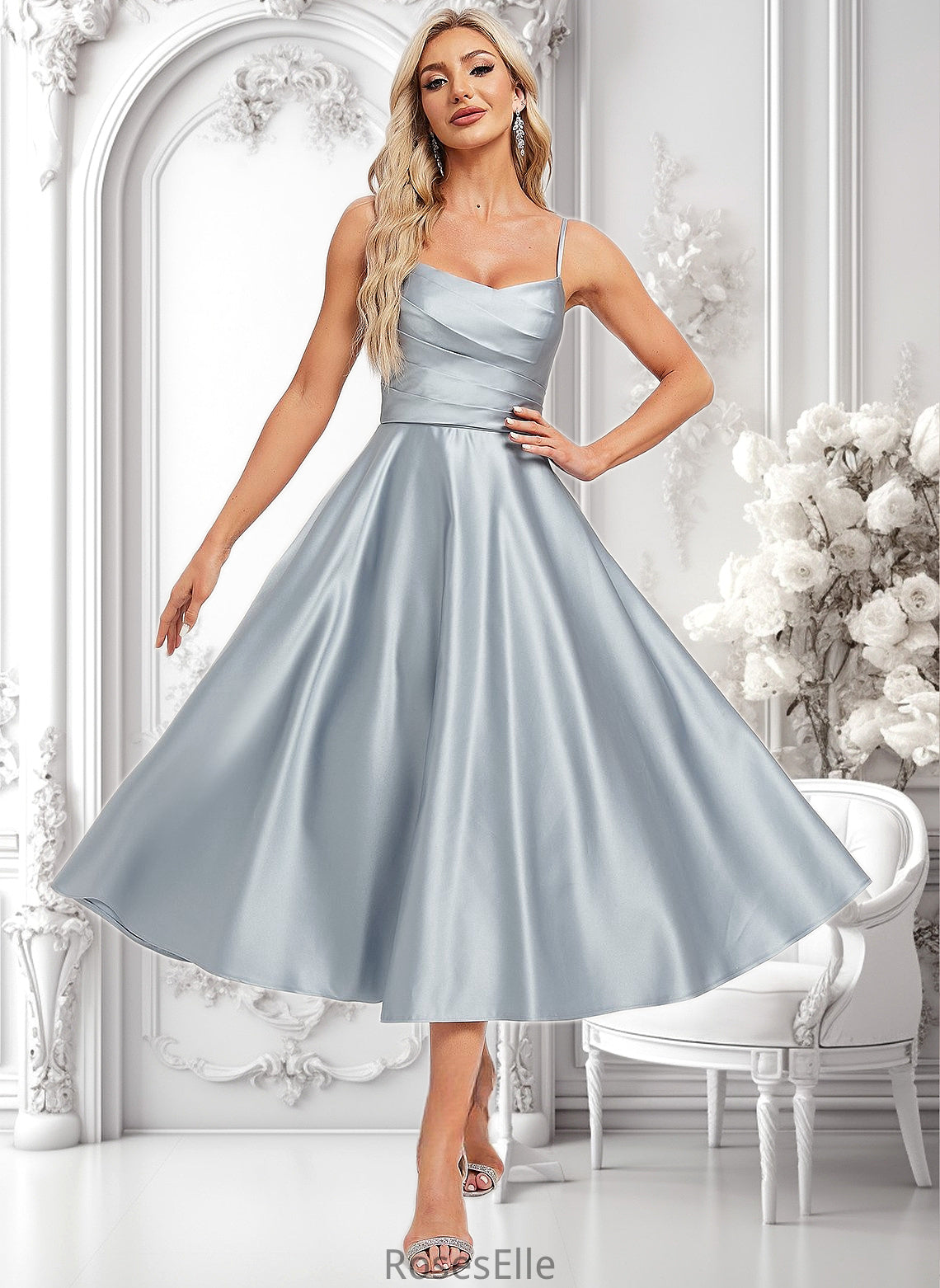 Averie A-line V-Neck Tea-Length Satin Bridesmaid Dress HJP0025794