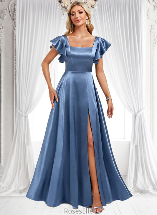 Clare A-line Square Floor-Length Stretch Satin Bridesmaid Dress With Ruffle HJP0025769