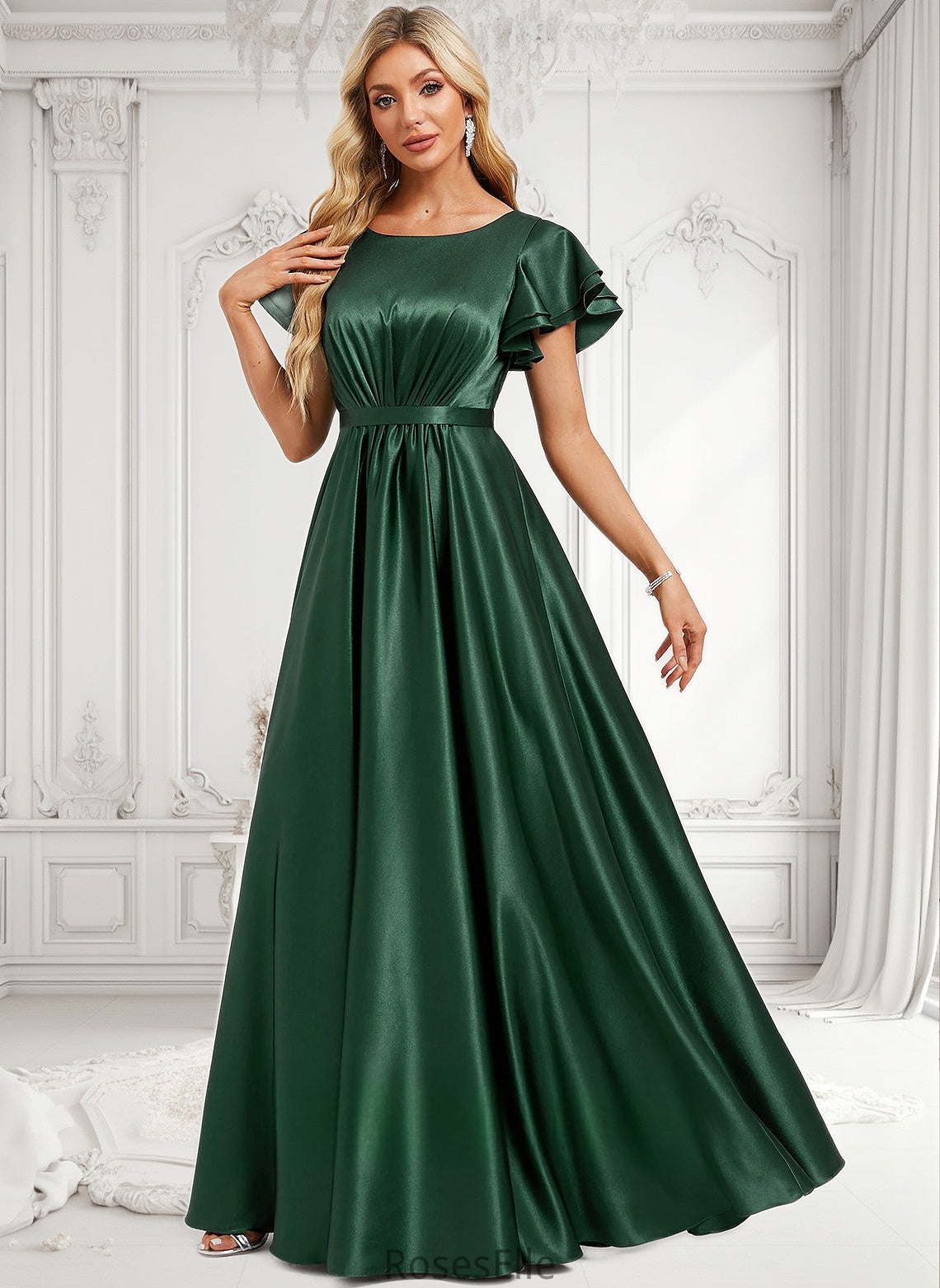 Julia A-line Scoop Floor-Length Stretch Satin Bridesmaid Dress With Ruffle HJP0025770