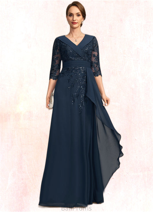 Viviana A-line V-Neck Floor-Length Chiffon Lace Mother of the Bride Dress With Cascading Ruffles Sequins HJP0021691