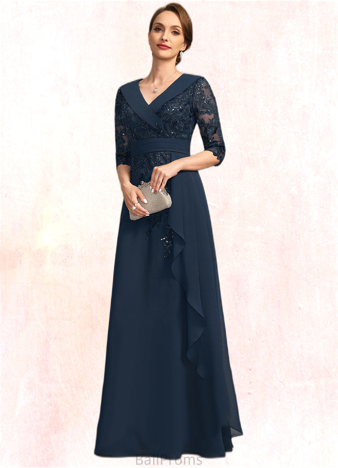 Viviana A-line V-Neck Floor-Length Chiffon Lace Mother of the Bride Dress With Cascading Ruffles Sequins HJP0021691