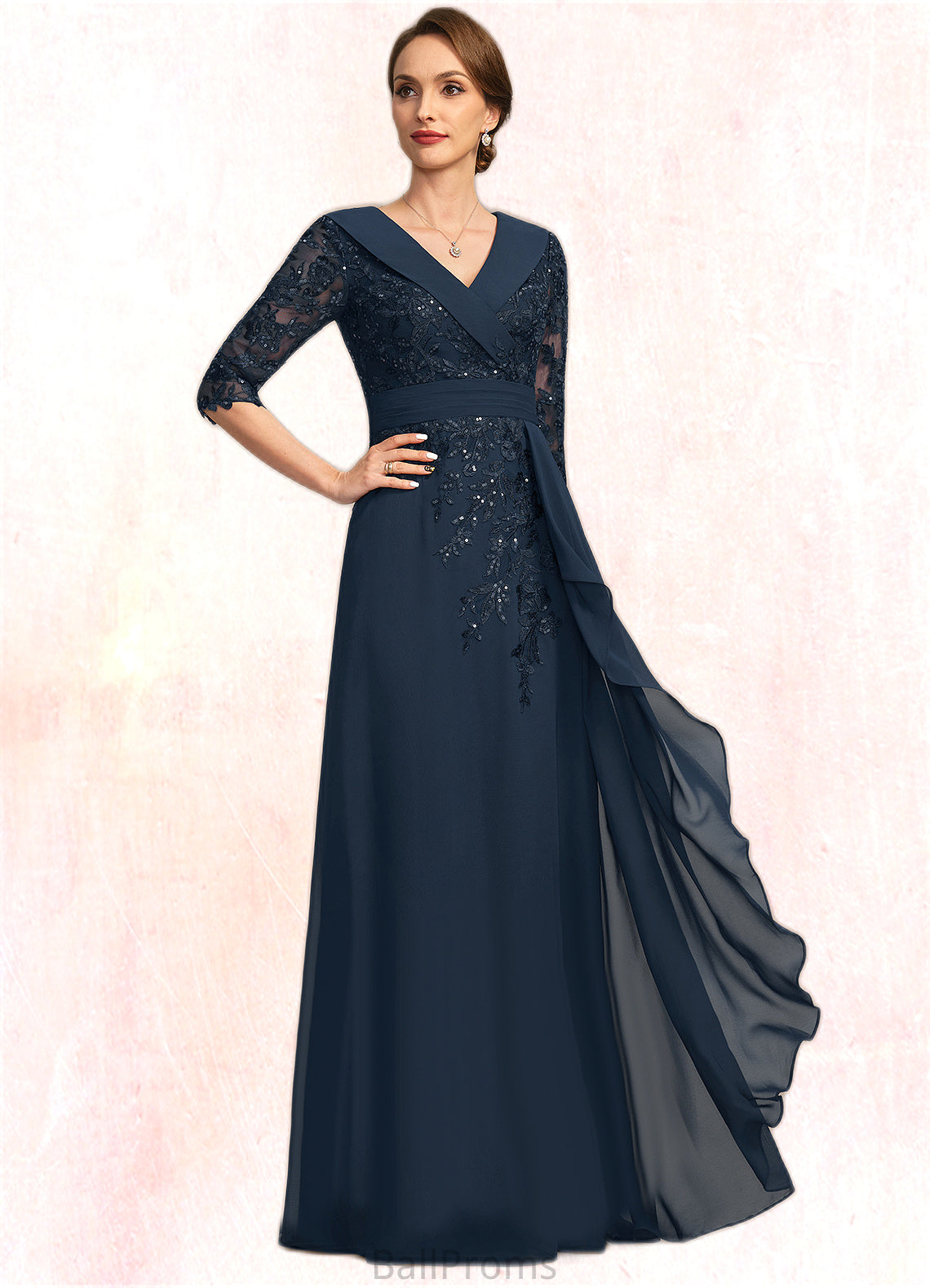 Viviana A-line V-Neck Floor-Length Chiffon Lace Mother of the Bride Dress With Cascading Ruffles Sequins HJP0021691