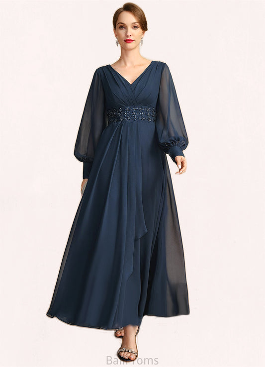 Kim A-line V-Neck Ankle-Length Chiffon Mother of the Bride Dress With Beading Cascading Ruffles Sequins HJP0021698