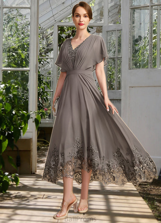 Vivienne A-line V-Neck Asymmetrical Chiffon Lace Mother of the Bride Dress With Pleated HJP0021699