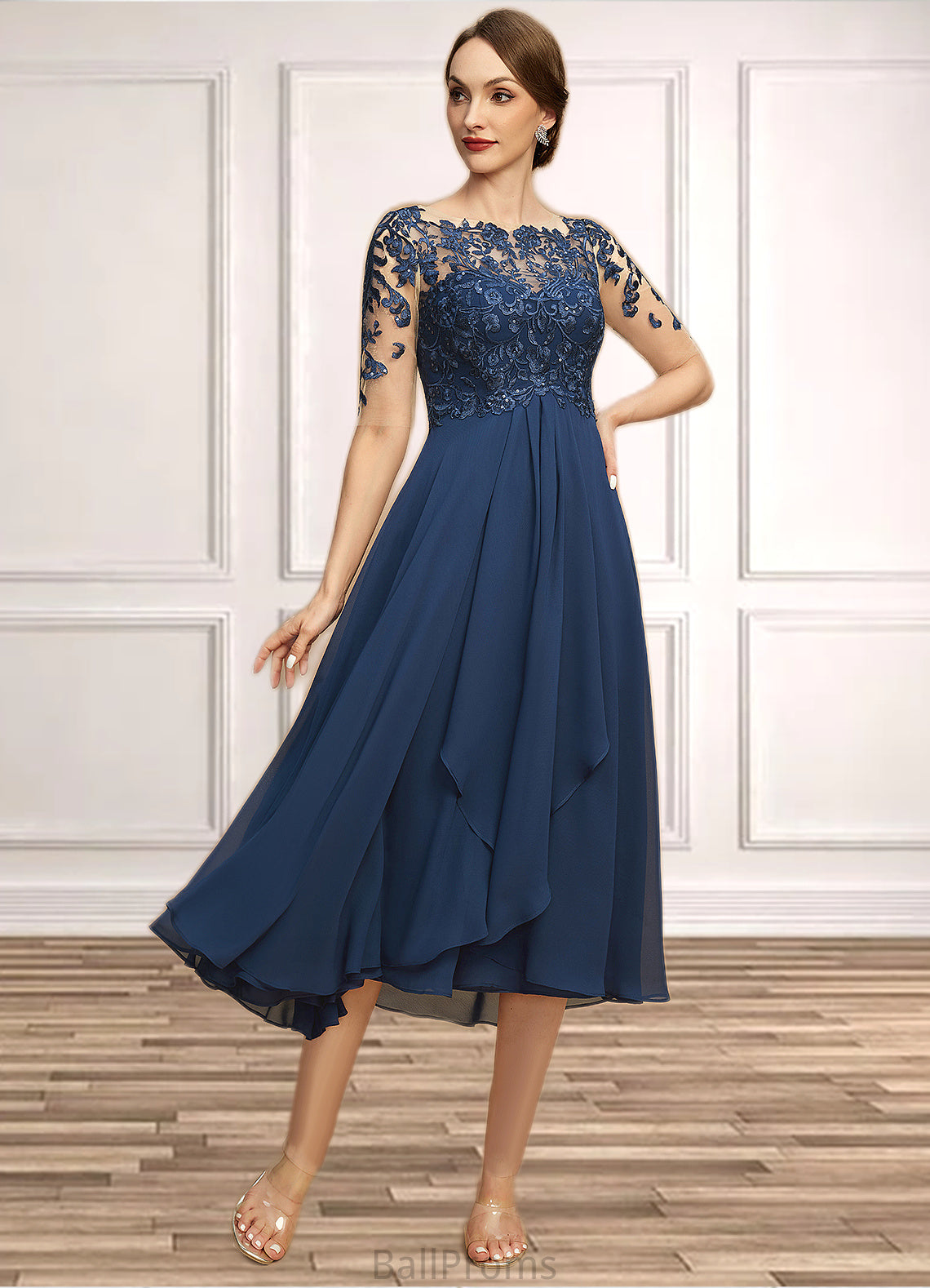 Saige A-line Boat Neck Illusion Tea-Length Chiffon Lace Mother of the Bride Dress With Cascading Ruffles Sequins HJP0021702