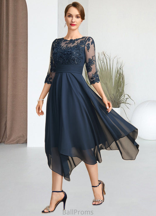 Yasmin A-line Scoop Illusion Tea-Length Chiffon Lace Mother of the Bride Dress With Sequins HJP0021704