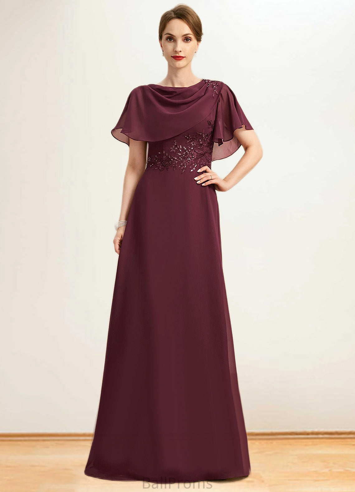 Luna A-line Scoop Floor-Length Chiffon Mother of the Bride Dress With Appliques Lace Sequins HJP0021707