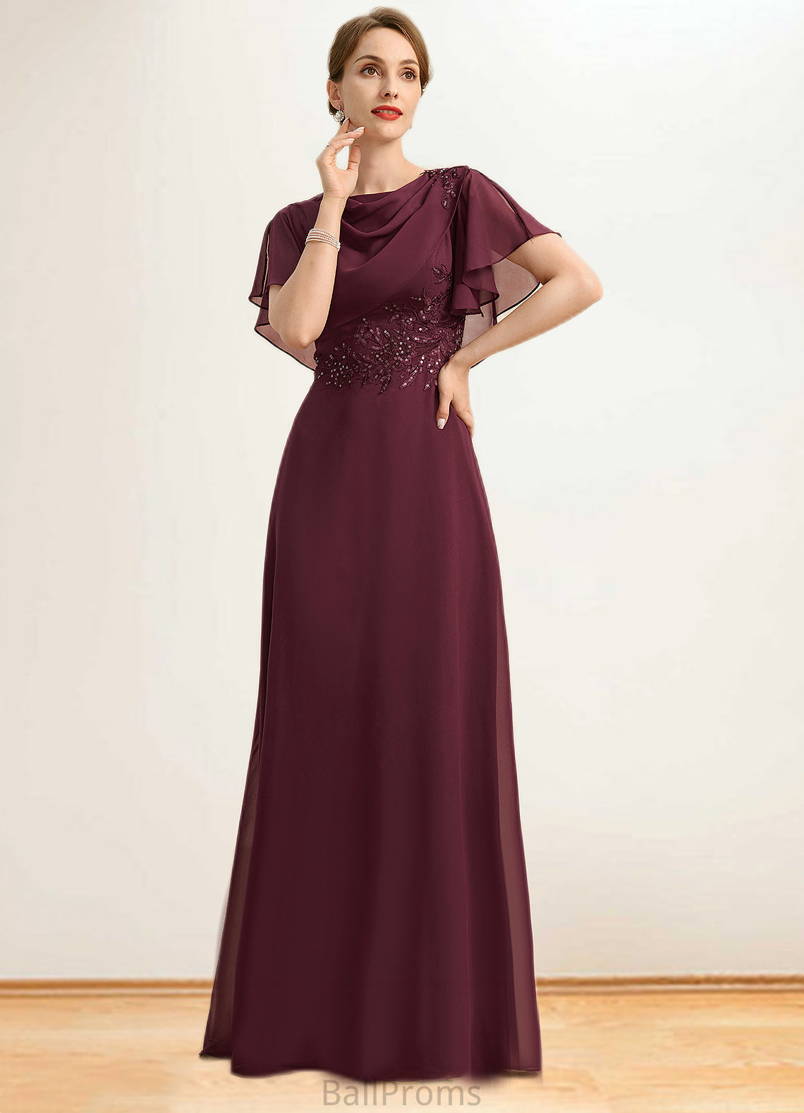 Luna A-line Scoop Floor-Length Chiffon Mother of the Bride Dress With Appliques Lace Sequins HJP0021707