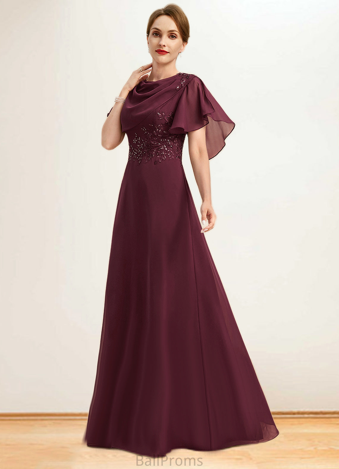 Luna A-line Scoop Floor-Length Chiffon Mother of the Bride Dress With Appliques Lace Sequins HJP0021707