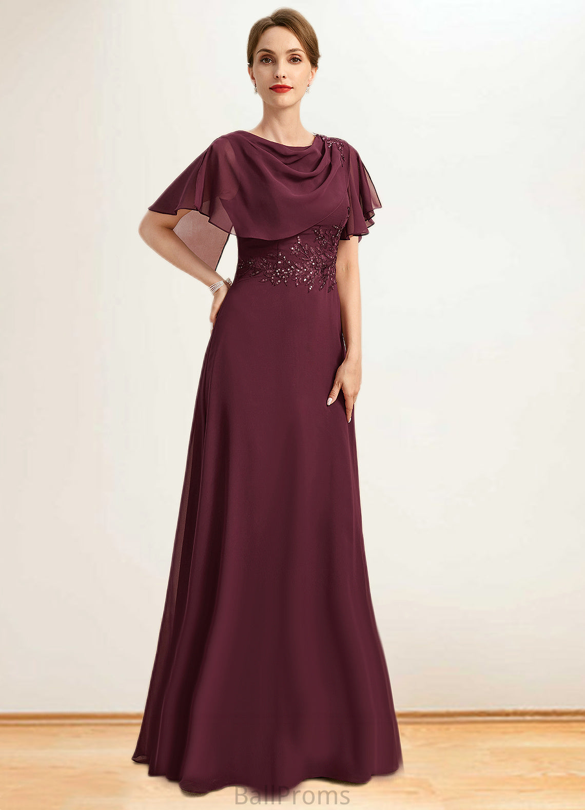 Luna A-line Scoop Floor-Length Chiffon Mother of the Bride Dress With Appliques Lace Sequins HJP0021707