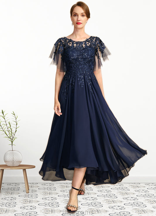 Sadie A-line Scoop Illusion Asymmetrical Chiffon Lace Mother of the Bride Dress With Sequins HJP0021712