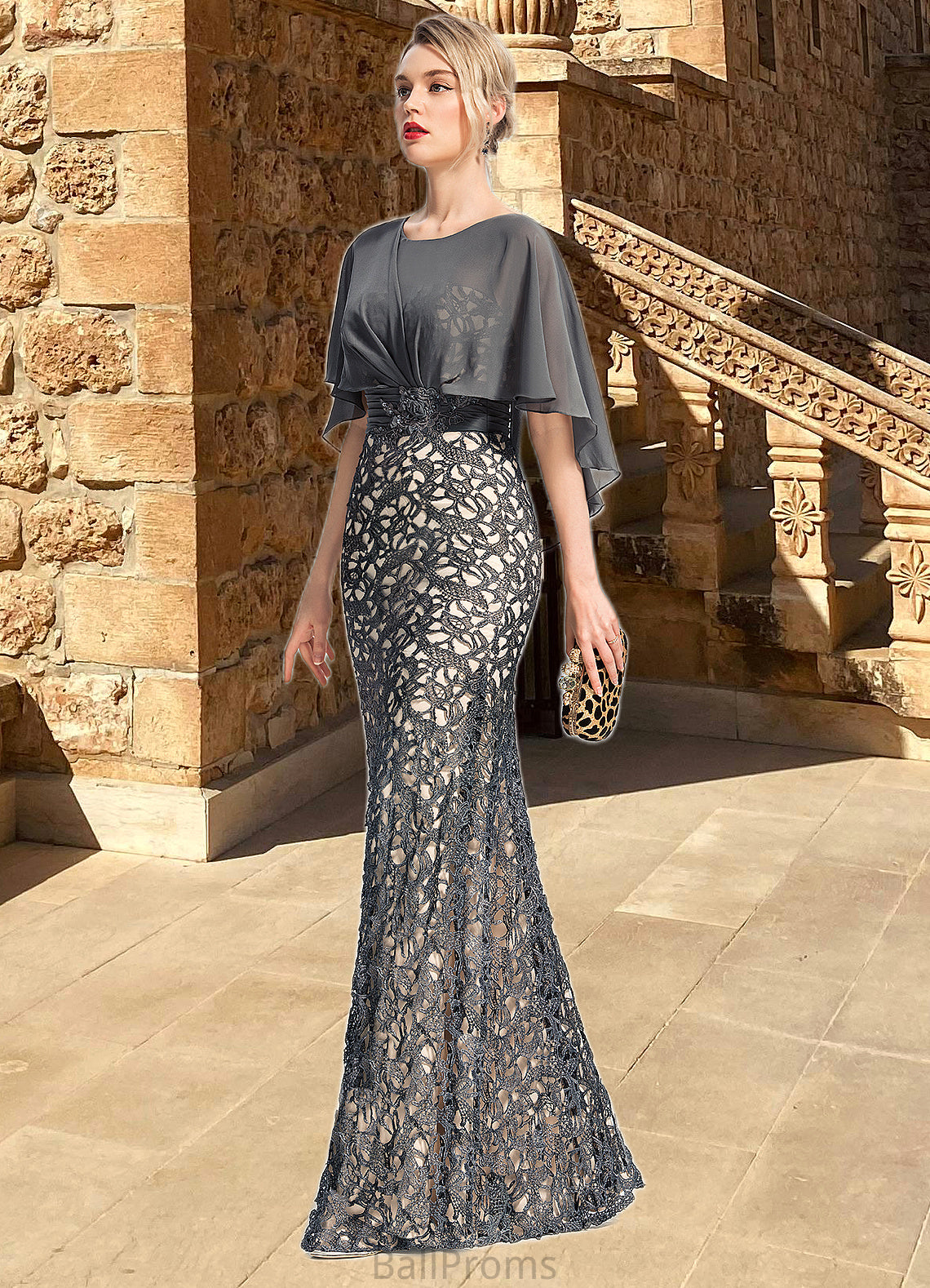 Giada Sheath/Column Scoop Floor-Length Chiffon Lace Mother of the Bride Dress With Beading Flower Sequins HJP0021722