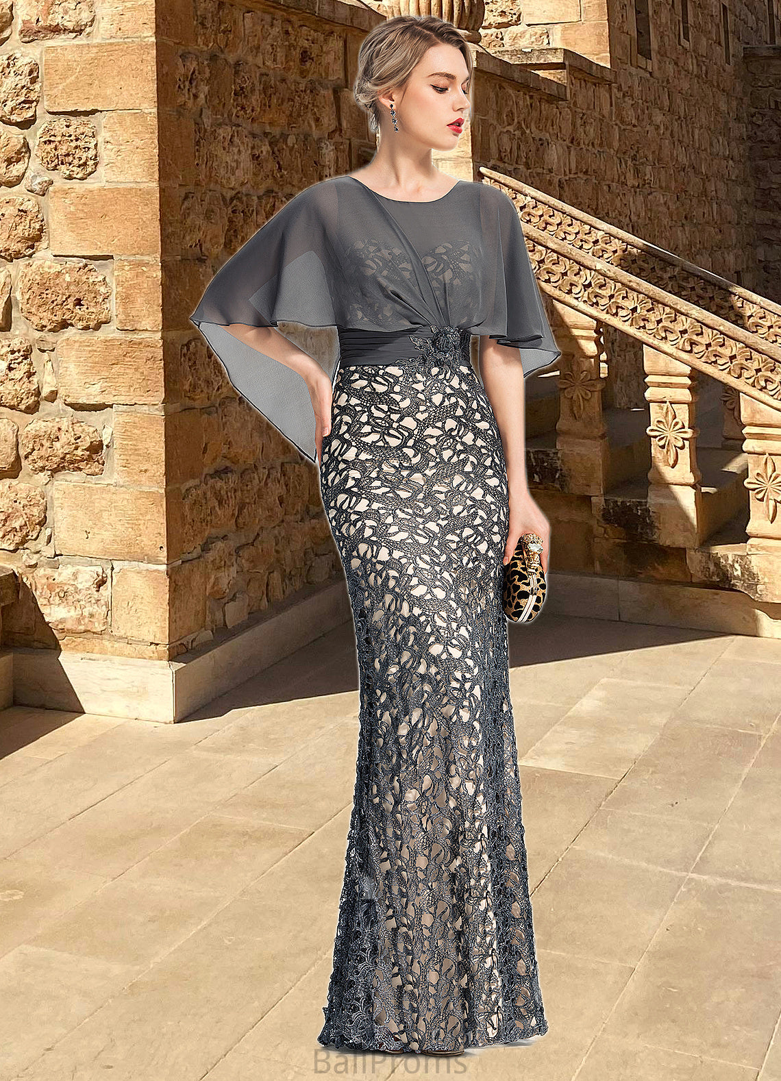 Giada Sheath/Column Scoop Floor-Length Chiffon Lace Mother of the Bride Dress With Beading Flower Sequins HJP0021722