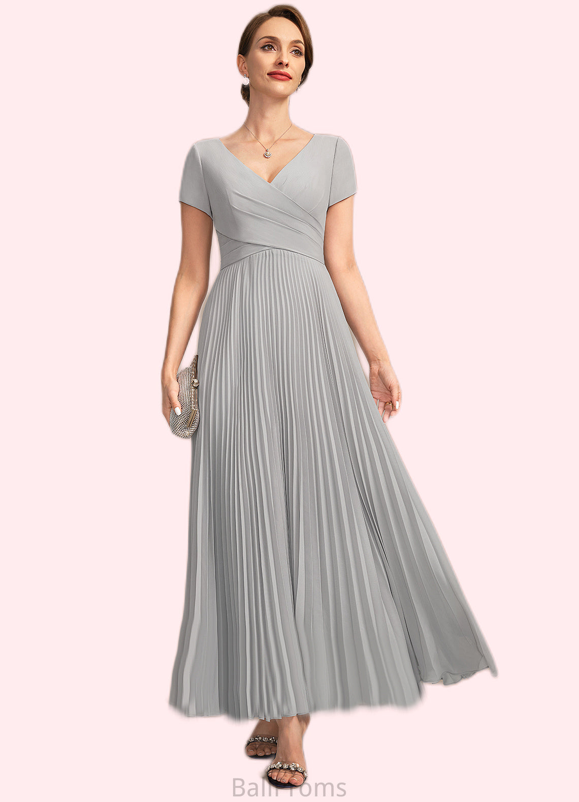 Bella A-line V-Neck Ankle-Length Chiffon Mother of the Bride Dress With Pleated HJP0021777