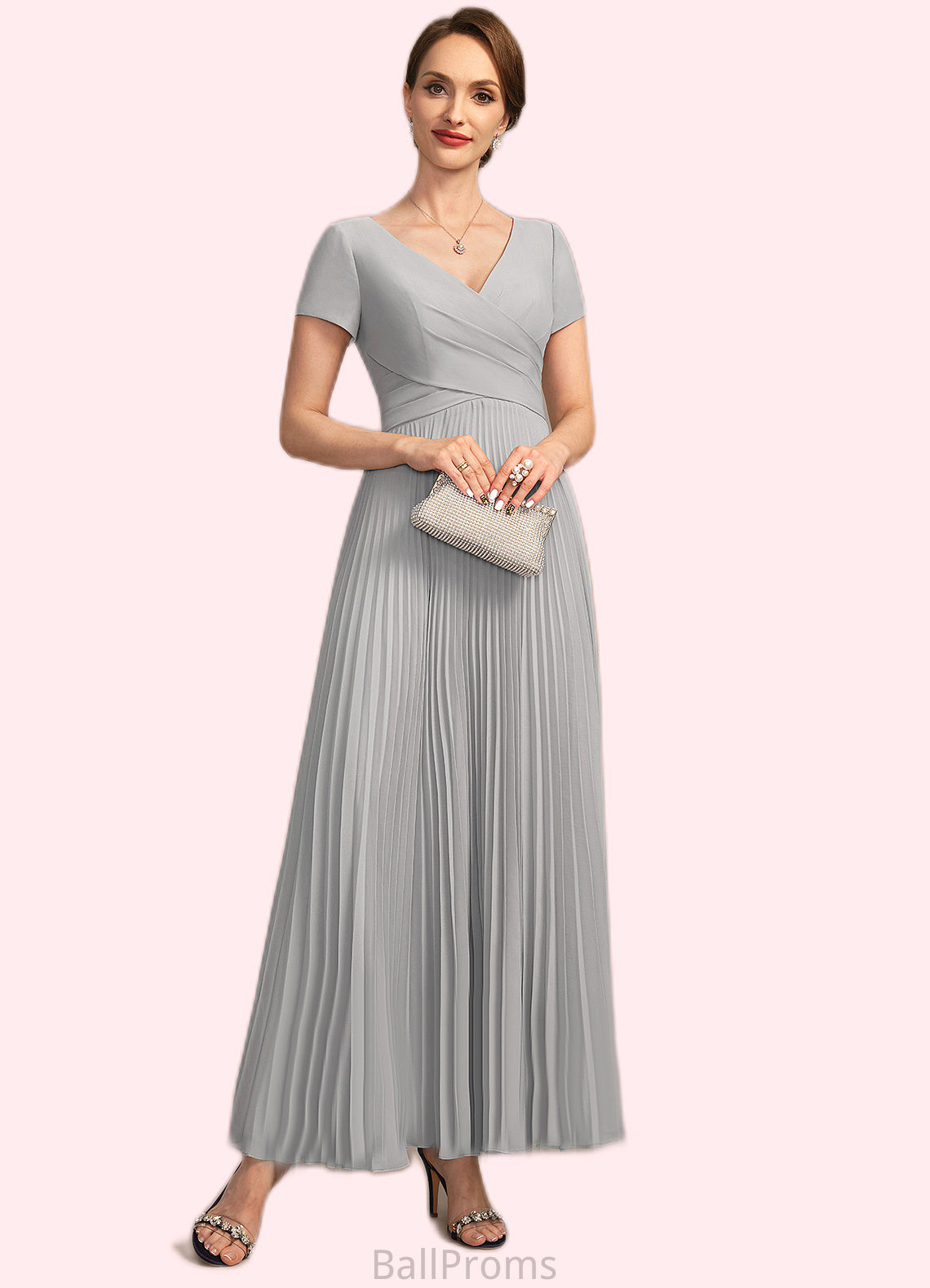 Bella A-line V-Neck Ankle-Length Chiffon Mother of the Bride Dress With Pleated HJP0021777