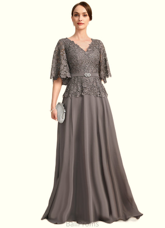 Zaria A-line V-Neck Floor-Length Chiffon Lace Mother of the Bride Dress With Rhinestone Crystal Brooch HJP0021782