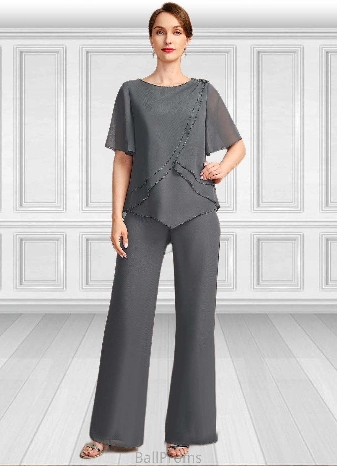 Leah Jumpsuit/Pantsuit Separates Scoop Floor-Length Chiffon Mother of the Bride Dress With Beading HJP0021783