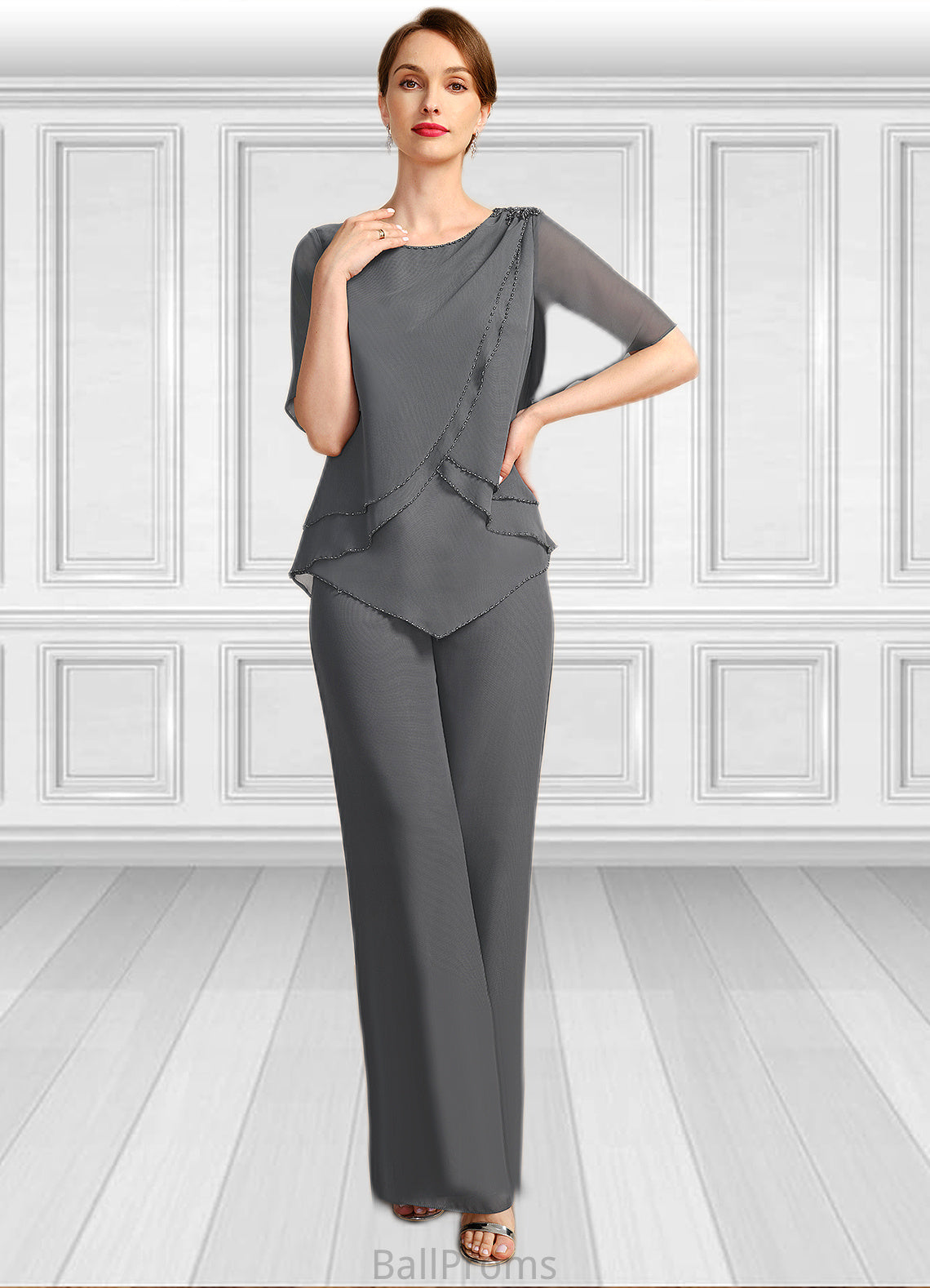 Leah Jumpsuit/Pantsuit Separates Scoop Floor-Length Chiffon Mother of the Bride Dress With Beading HJP0021783