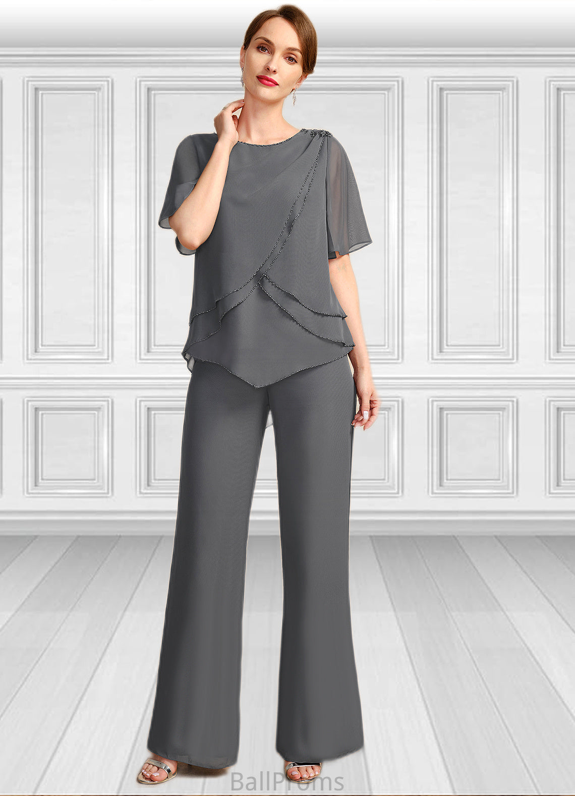 Leah Jumpsuit/Pantsuit Separates Scoop Floor-Length Chiffon Mother of the Bride Dress With Beading HJP0021783