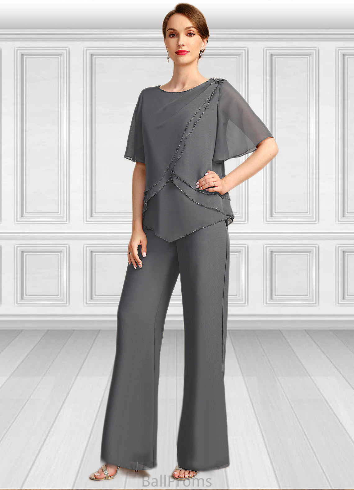 Leah Jumpsuit/Pantsuit Separates Scoop Floor-Length Chiffon Mother of the Bride Dress With Beading HJP0021783