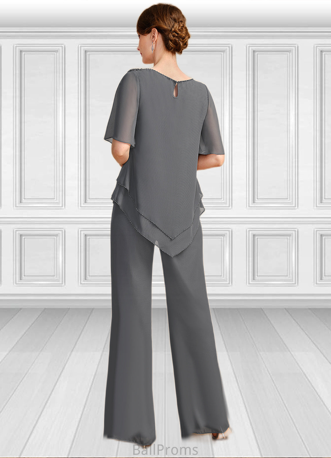 Leah Jumpsuit/Pantsuit Separates Scoop Floor-Length Chiffon Mother of the Bride Dress With Beading HJP0021783