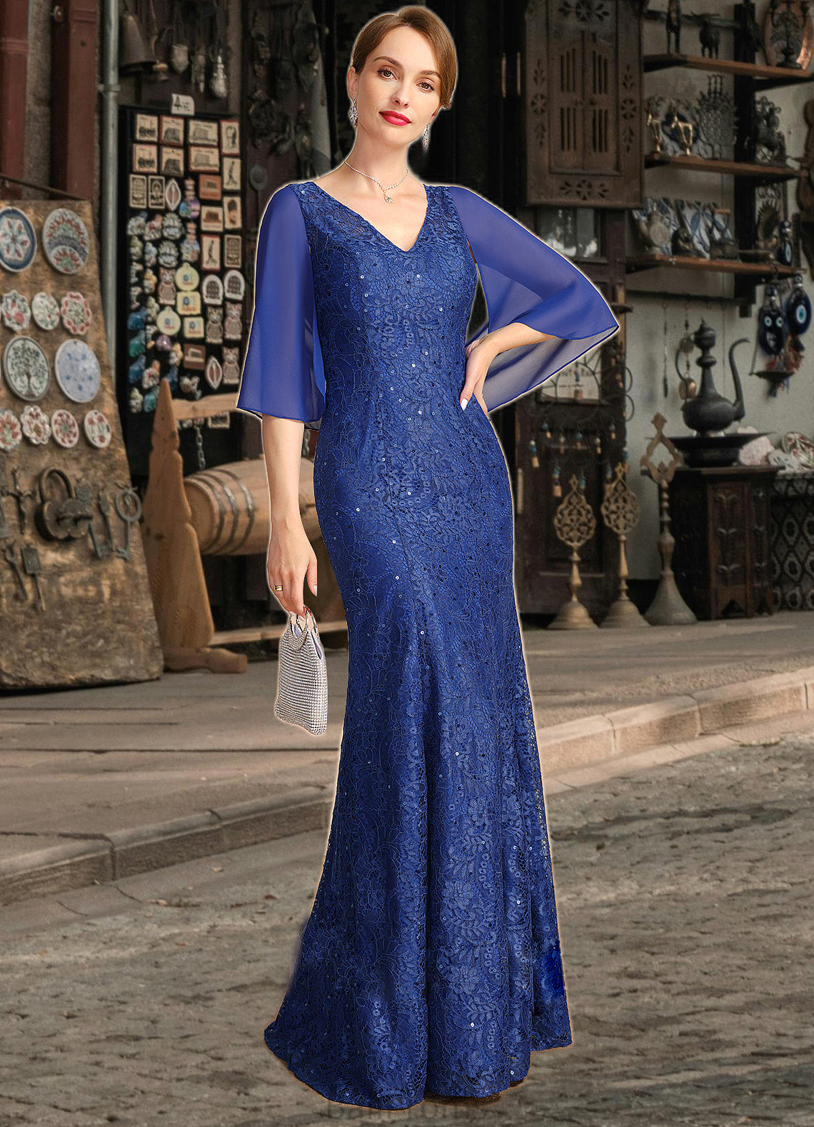 Libby Trumpet/Mermaid V-Neck Floor-Length Chiffon Lace Mother of the Bride Dress With Sequins HJP0021795