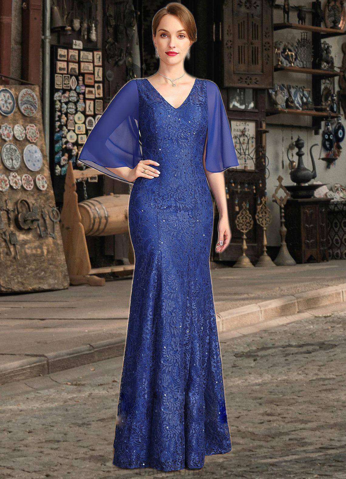 Libby Trumpet/Mermaid V-Neck Floor-Length Chiffon Lace Mother of the Bride Dress With Sequins HJP0021795