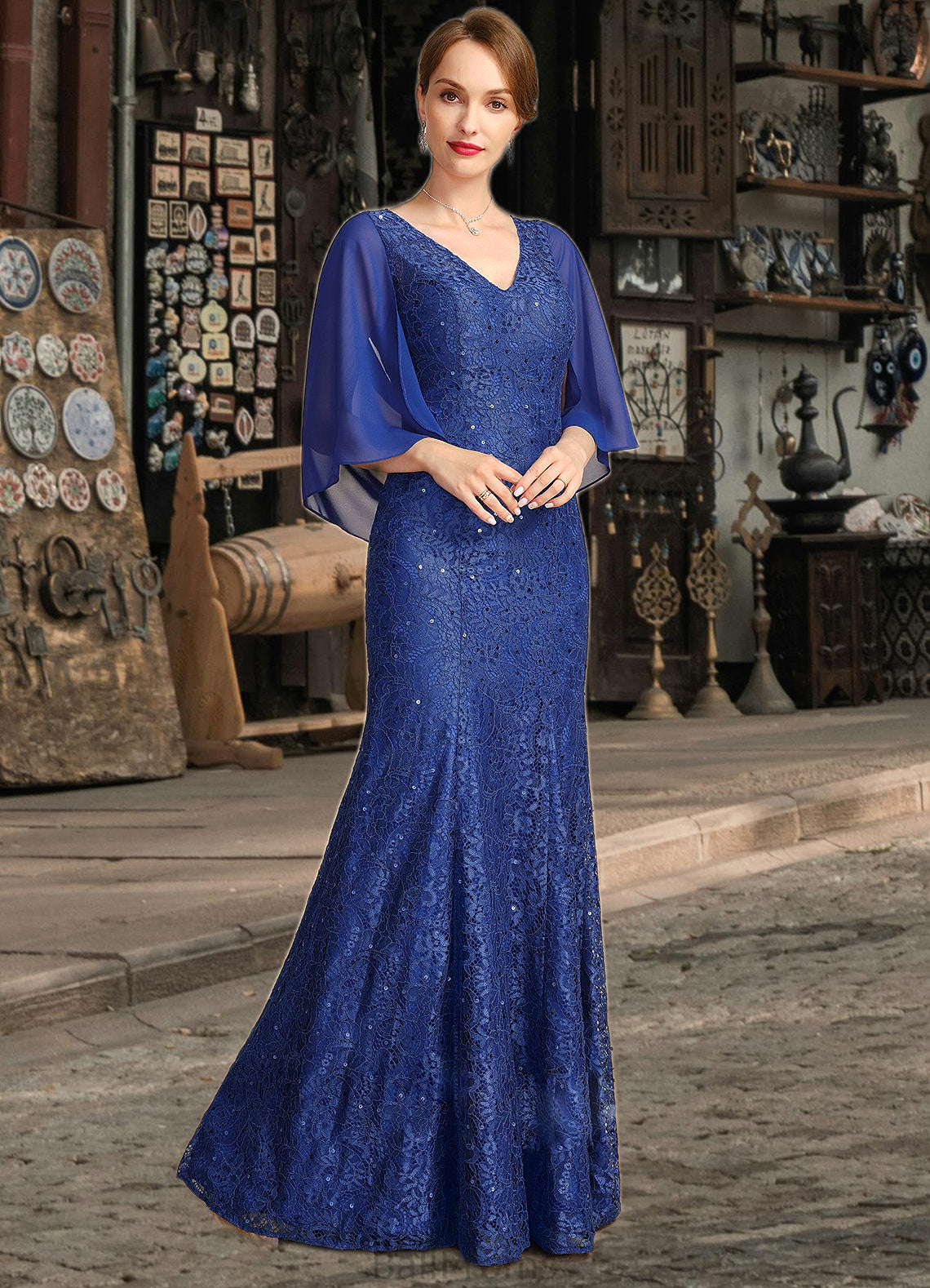 Libby Trumpet/Mermaid V-Neck Floor-Length Chiffon Lace Mother of the Bride Dress With Sequins HJP0021795