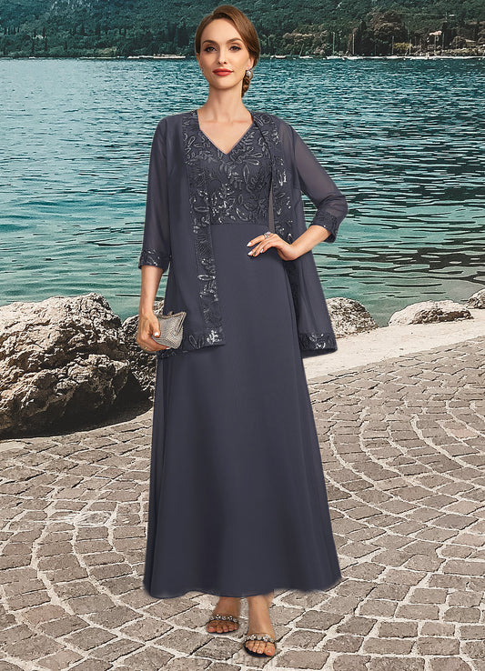 Bridget A-line V-Neck Ankle-Length Chiffon Lace Sequin Mother of the Bride Dress HJP0021798