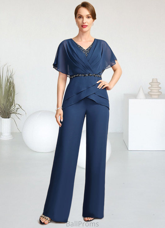 Everly Jumpsuit/Pantsuit Separates V-Neck Floor-Length Chiffon Mother of the Bride Dress With Beading Pleated Sequins HJP0021800