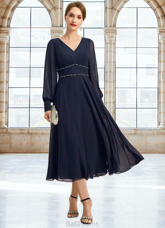 Yaretzi A-line V-Neck Tea-Length Chiffon Mother of the Bride Dress With Beading Pleated HJP0021804