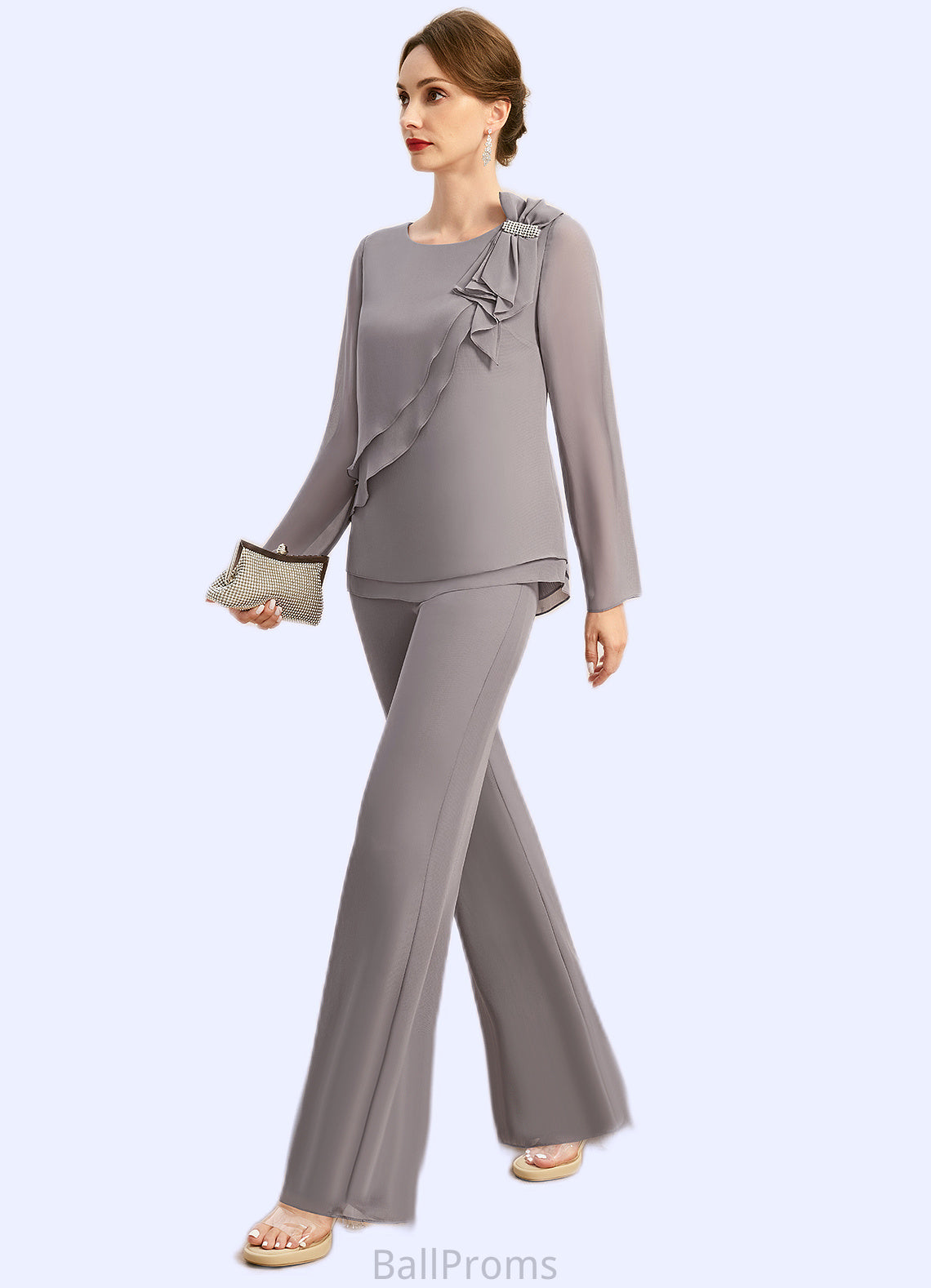 Lydia Jumpsuit/Pantsuit Separates Scoop Floor-Length Chiffon Mother of the Bride Dress With Bow HJP0021808