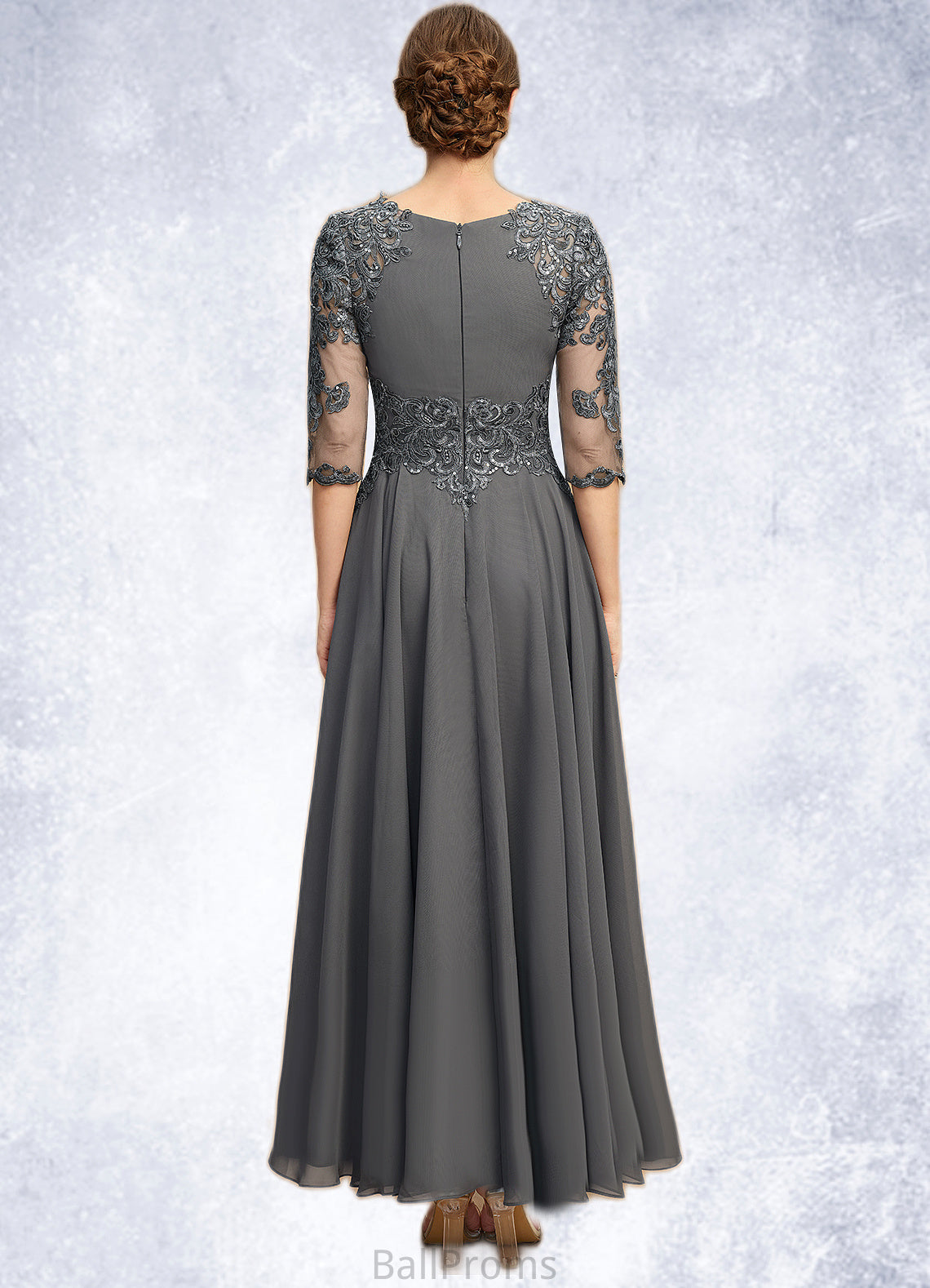 Penelope A-line Scoop Asymmetrical Chiffon Lace Mother of the Bride Dress With Pleated Sequins HJP0021812