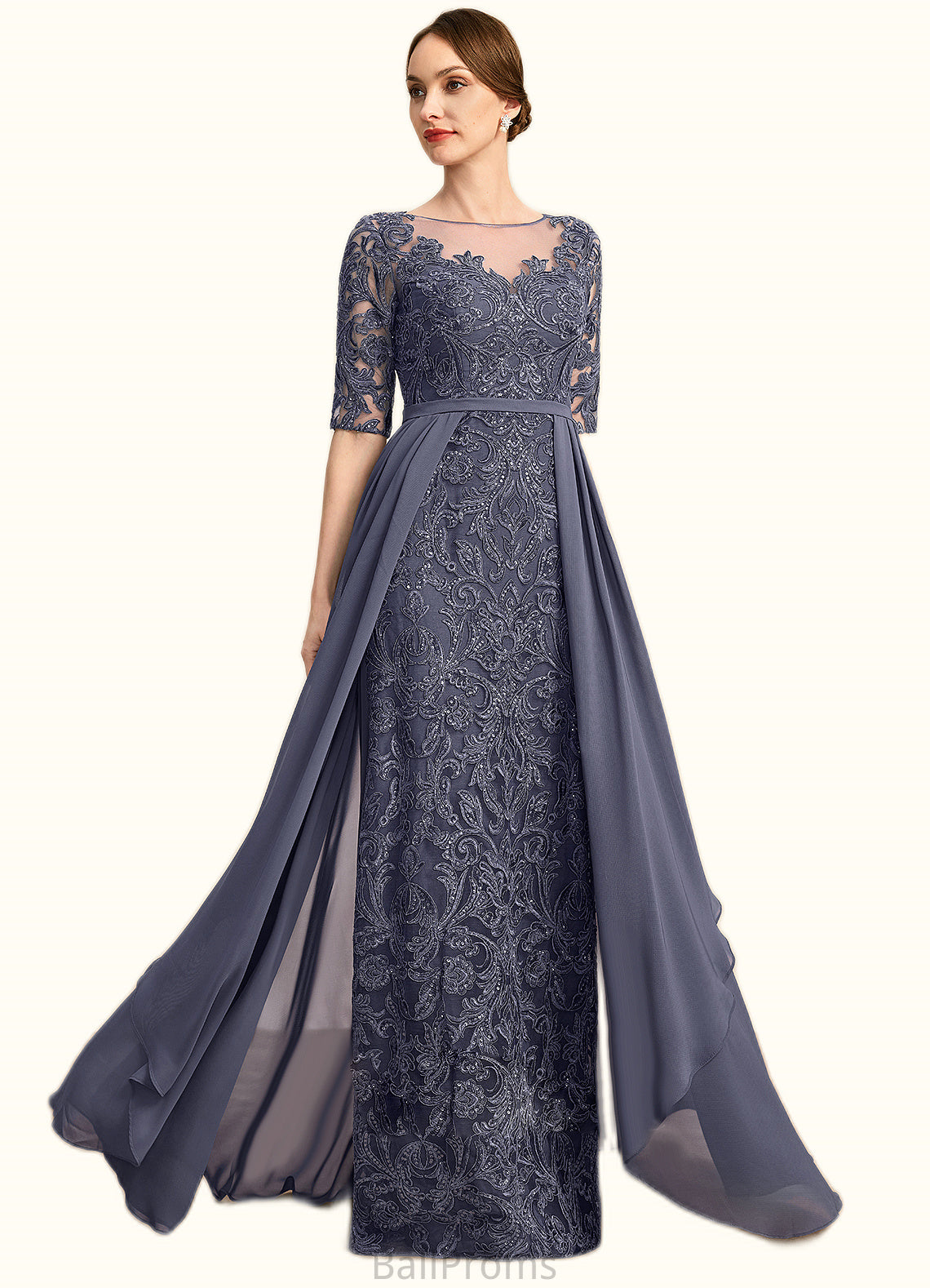 Isabela Sheath/Column Scoop Illusion Floor-Length Chiffon Lace Mother of the Bride Dress With Sequins HJP0021818