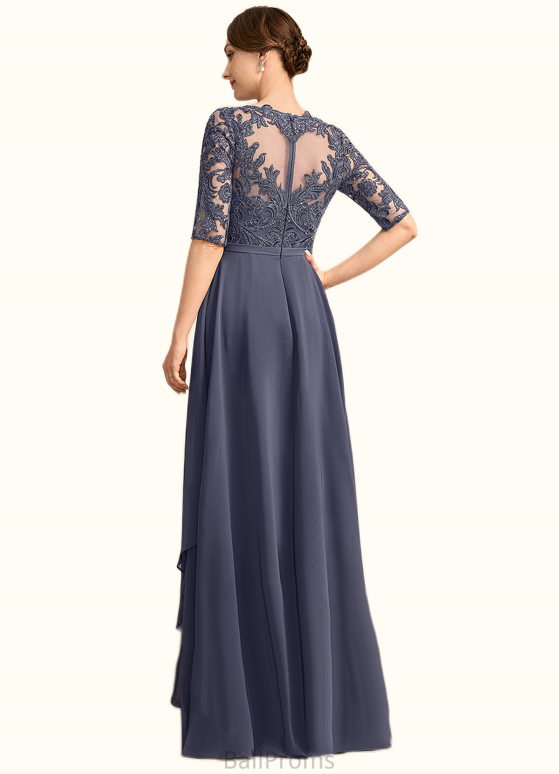 Isabela Sheath/Column Scoop Illusion Floor-Length Chiffon Lace Mother of the Bride Dress With Sequins HJP0021818