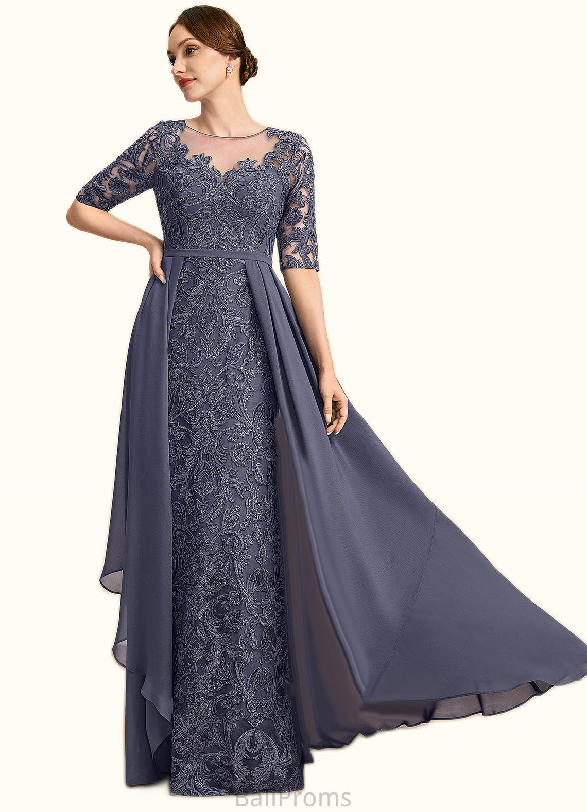 Isabela Sheath/Column Scoop Illusion Floor-Length Chiffon Lace Mother of the Bride Dress With Sequins HJP0021818