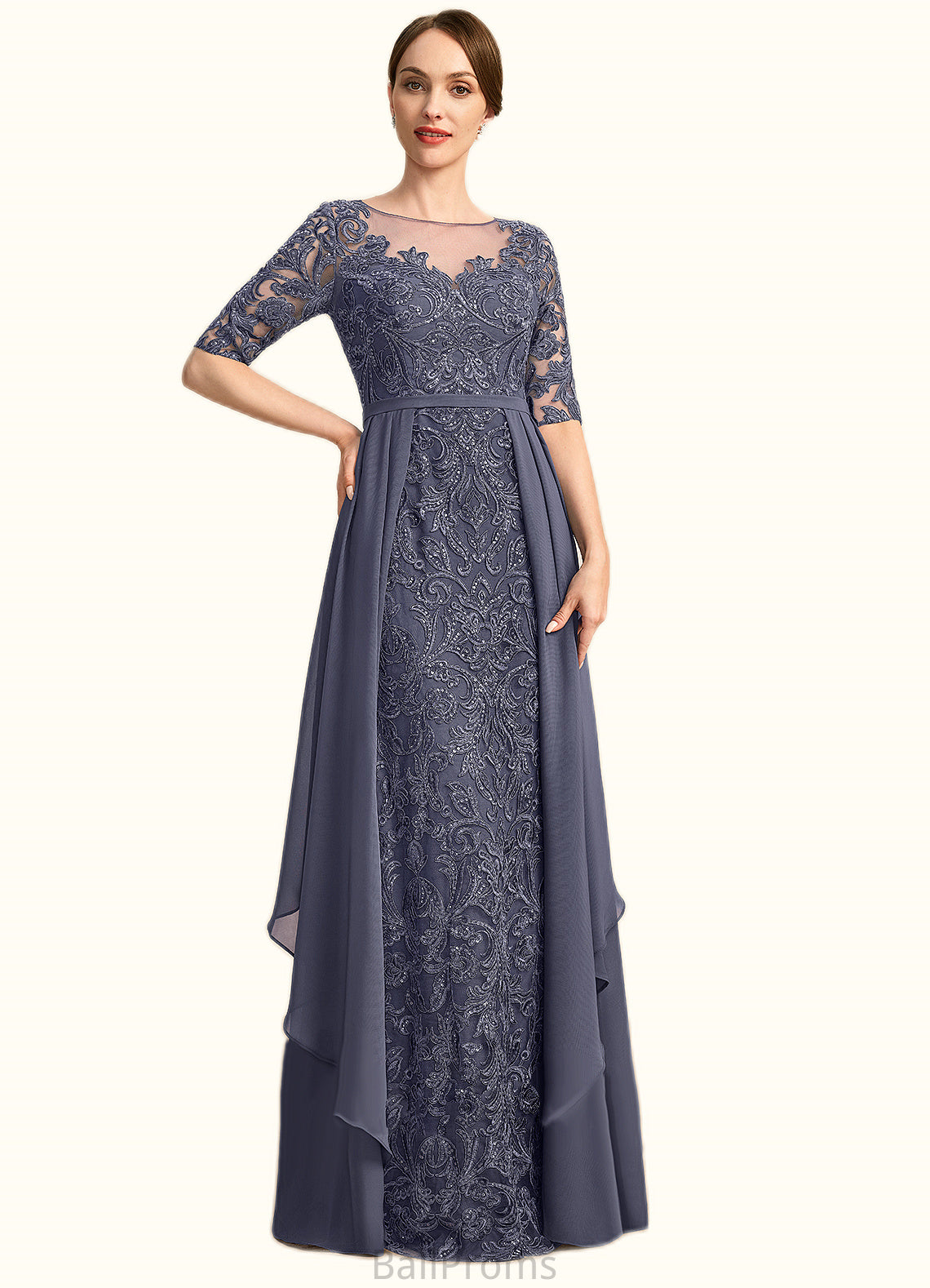 Isabela Sheath/Column Scoop Illusion Floor-Length Chiffon Lace Mother of the Bride Dress With Sequins HJP0021818